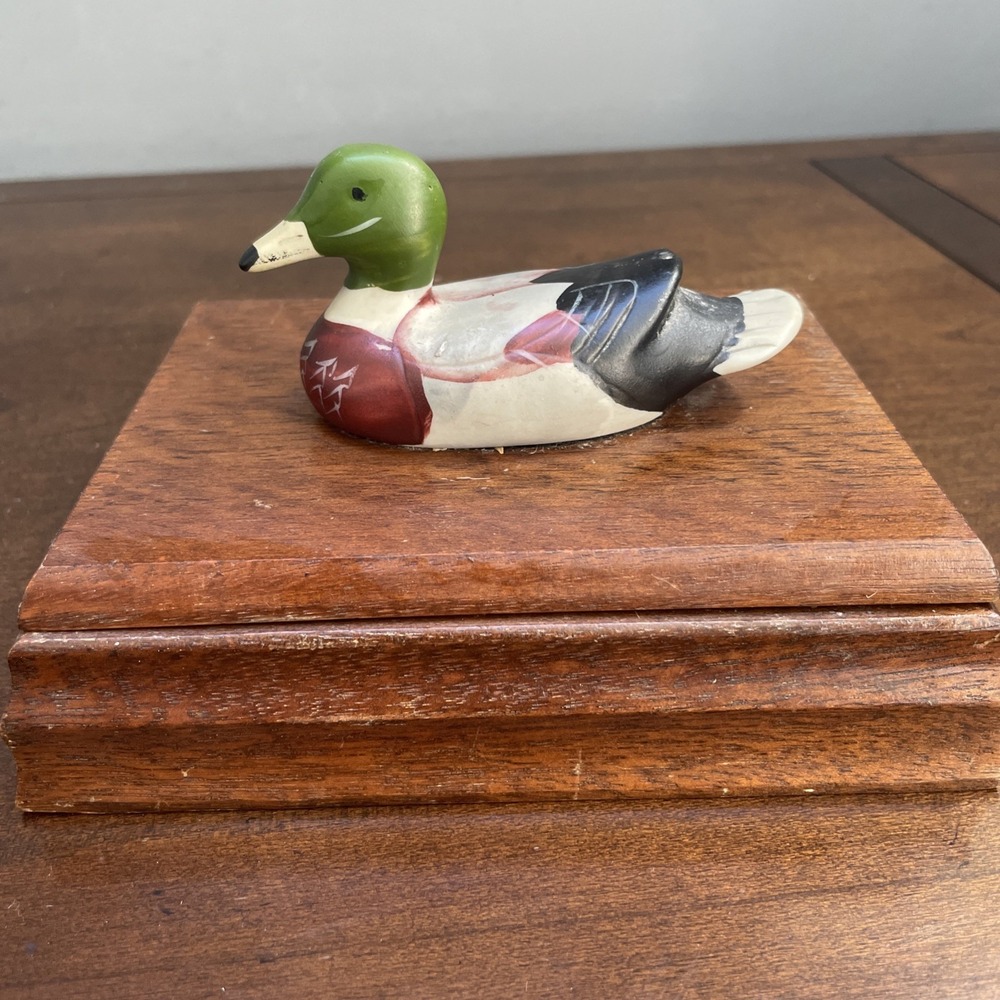 Wooden Hand Carved Mallard Duck on Wood Trinket Card Box Divider Inside 6"x5"VTG